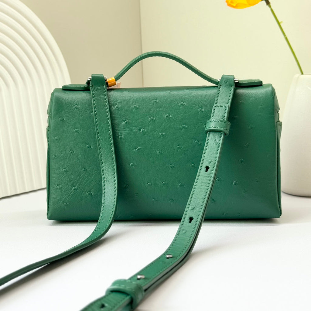 LP Extra Bag 19cm Ostrich Pattern Green Calfskin Silver Hardware