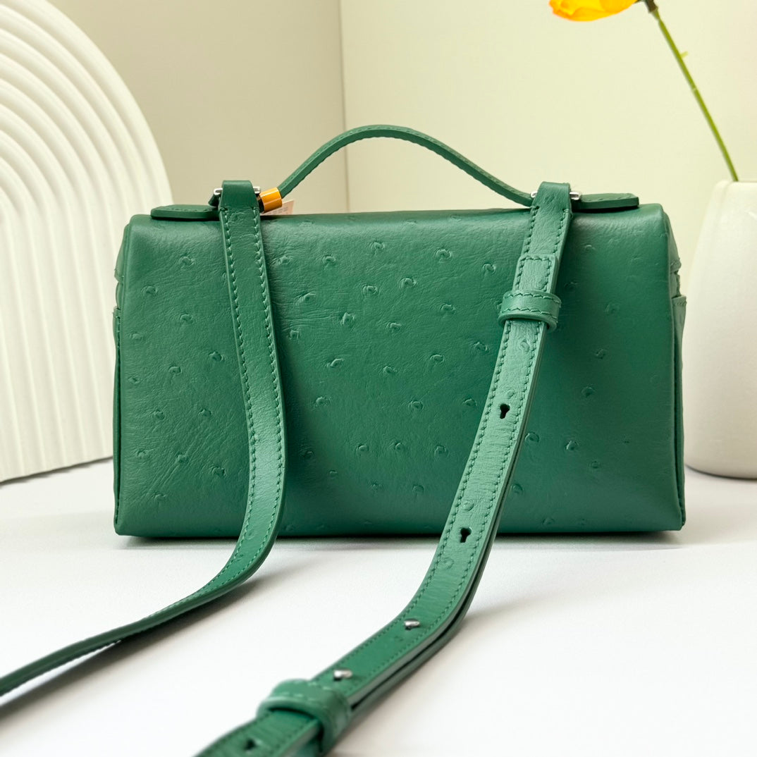 LP Extra Bag 19cm Ostrich Pattern Green Calfskin Silver Hardware
