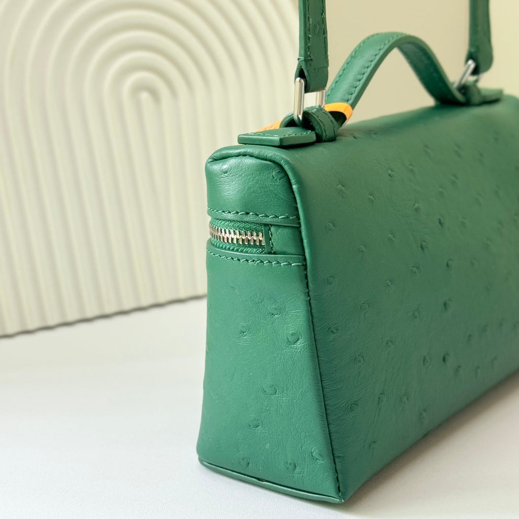 LP Extra Bag 19cm Ostrich Pattern Green Calfskin Silver Hardware