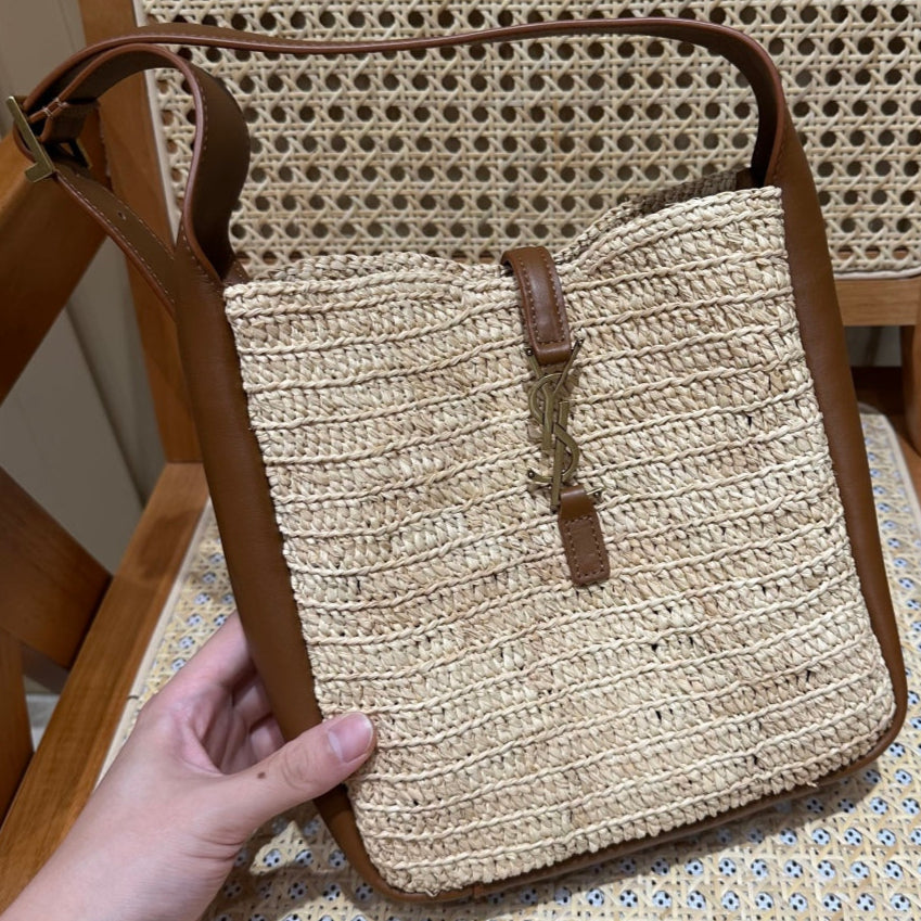 YSL Bag 22cm Brown Beige Raffia Cowhide