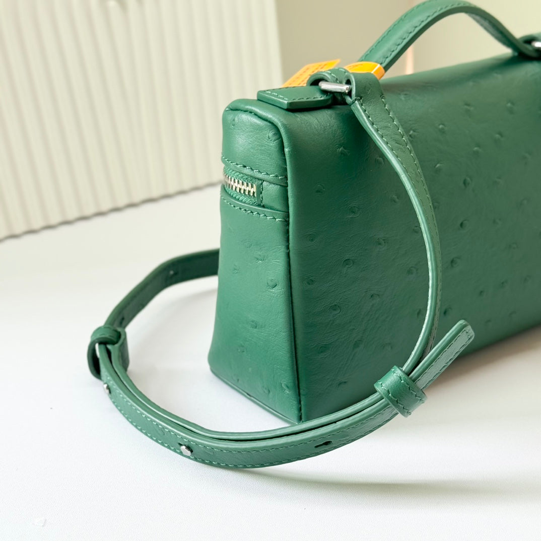 LP Extra Bag 19cm Ostrich Pattern Green Calfskin Silver Hardware