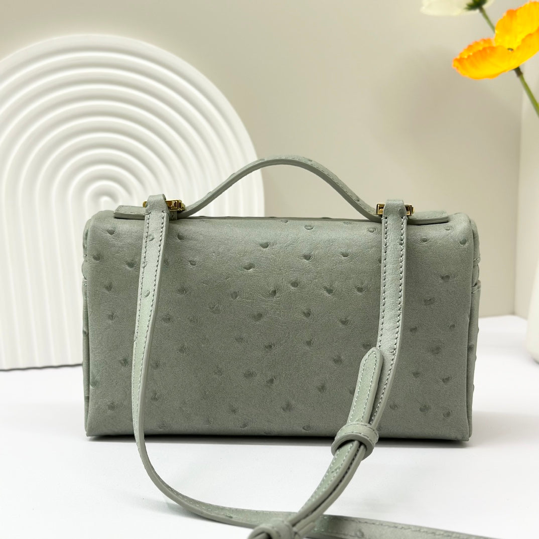 LP Extra Bag 19cm Ostrich Pattern Olive Gray Calfskin Gold Hardware