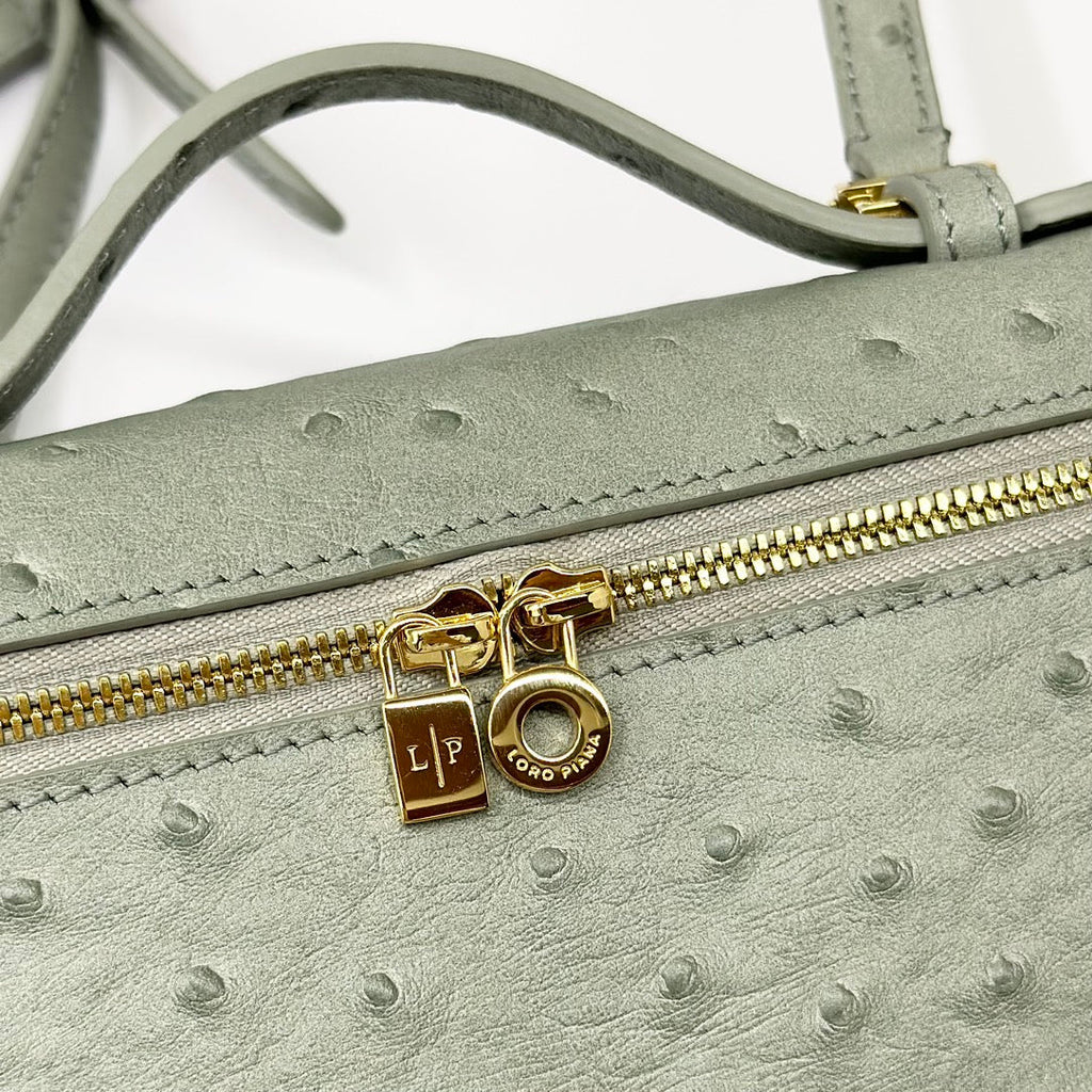 LP Extra Bag 19cm Ostrich Pattern Olive Gray Calfskin Gold Hardware