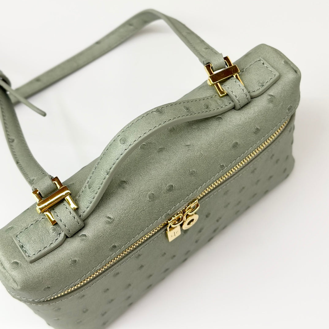 LP Extra Bag 19cm Ostrich Pattern Olive Gray Calfskin Gold Hardware