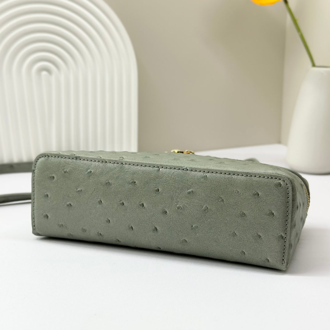 LP Extra Bag 19cm Ostrich Pattern Olive Gray Calfskin Gold Hardware