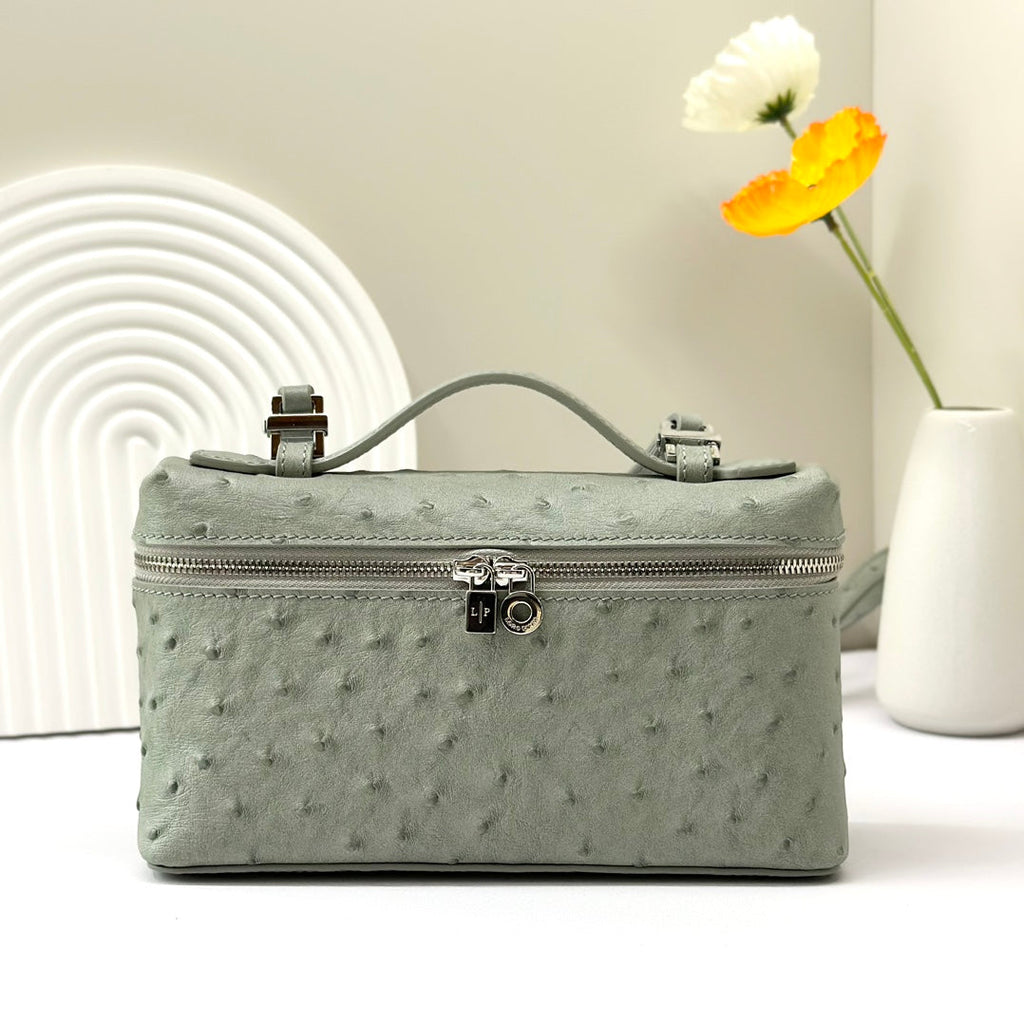 LP Extra Bag 19cm Ostrich Pattern Olive Gray Calfskin Silver Hardware