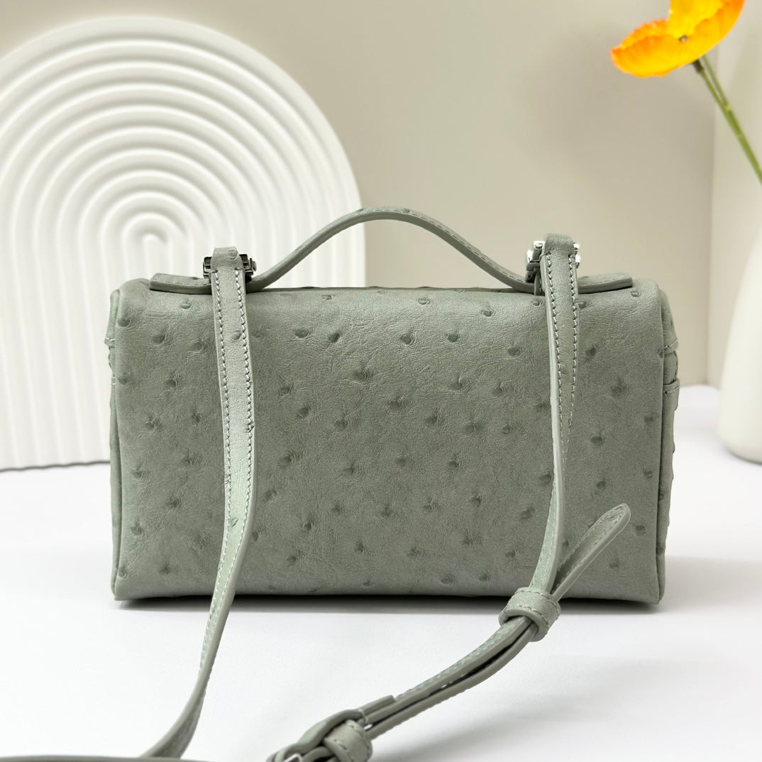 LP Extra Bag 19cm Ostrich Pattern Olive Gray Calfskin Silver Hardware