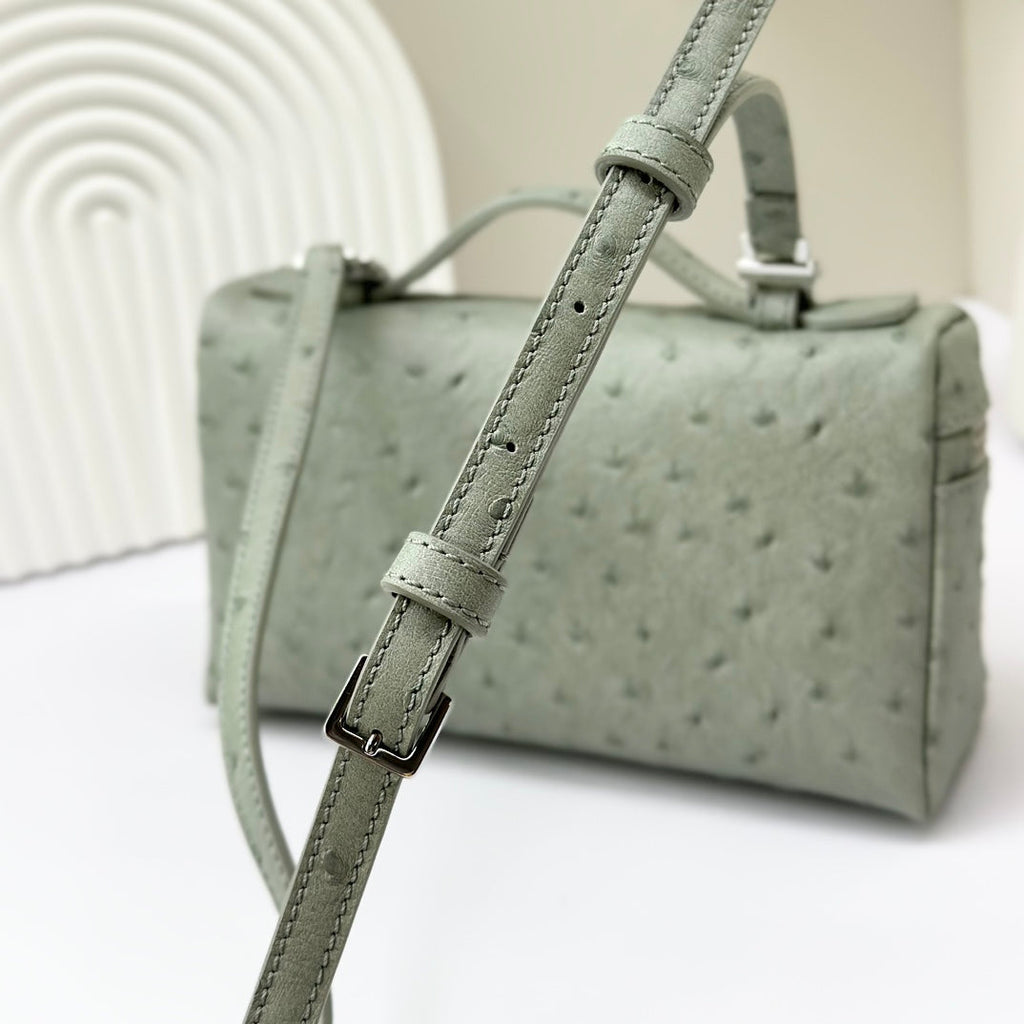 LP Extra Bag 19cm Ostrich Pattern Olive Gray Calfskin Silver Hardware