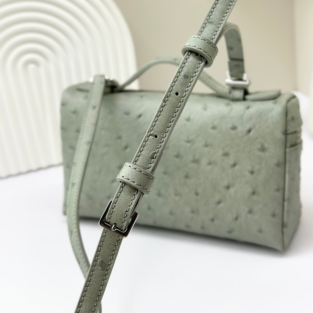 LP Extra Bag 19cm Ostrich Pattern Olive Gray Calfskin Silver Hardware