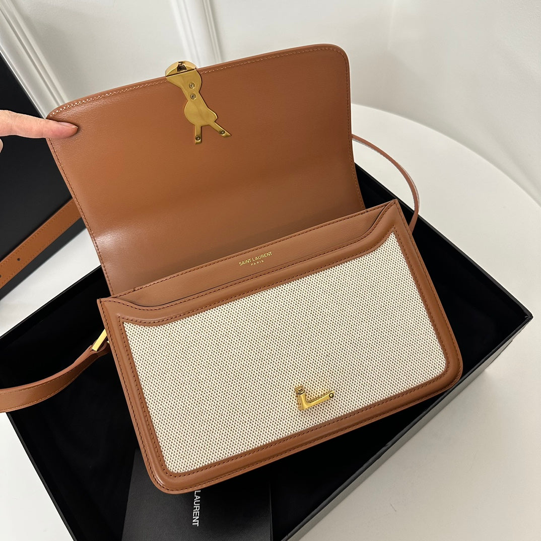 YSL Solferino Small Satchel Bag Brown Beige Gold Calfskin Canvas 339479