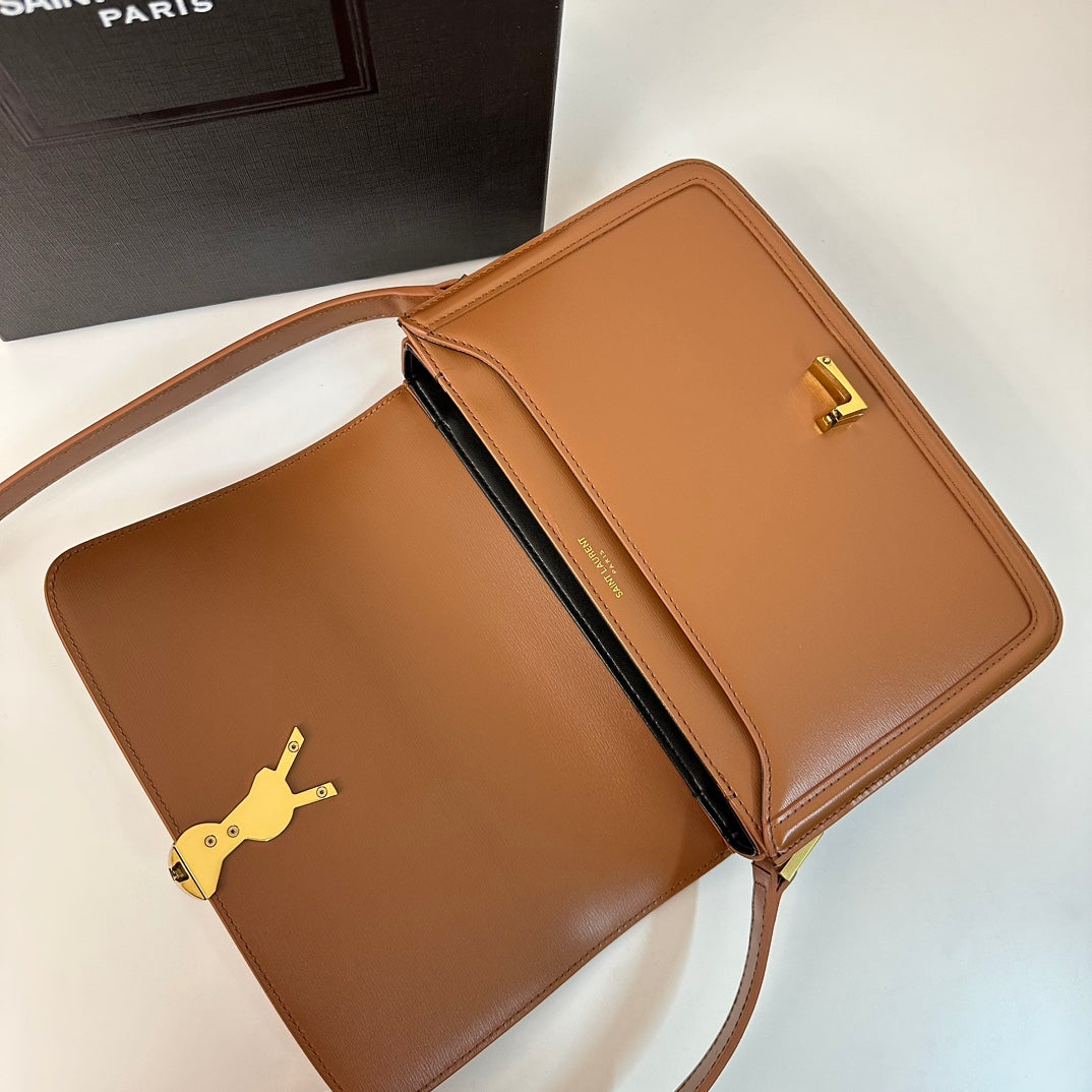 YSL Solferino Small Satchel Bag Brown Gold Calfskin 339437