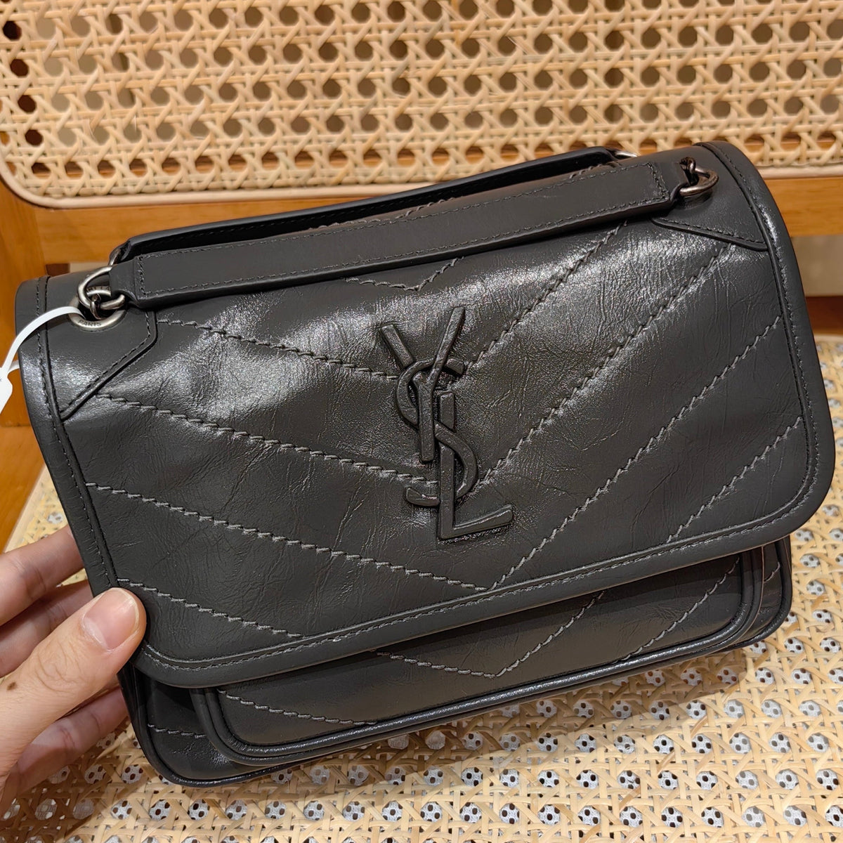 YSL Niki Baby Bag Dark Gray Calfskin 338892