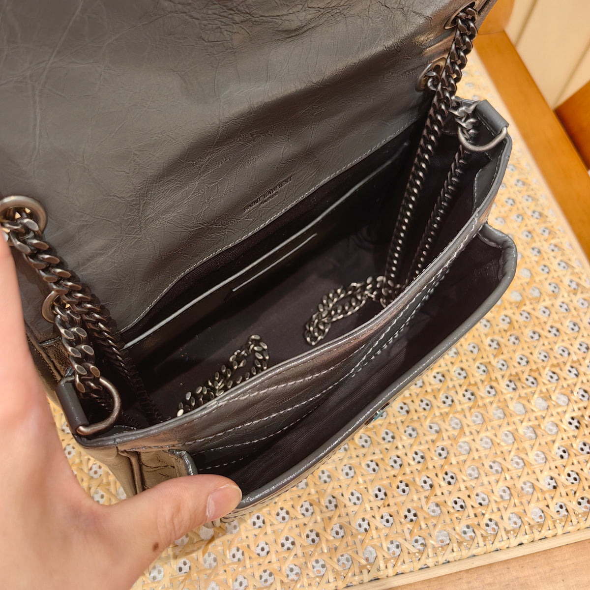YSL Niki Baby Bag Dark Gray Calfskin 338892