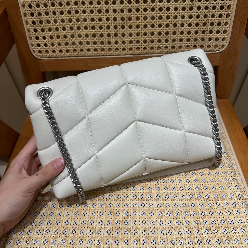 YSL Loulou Puffer Quilted Bag White Silver Lambskin 338859
