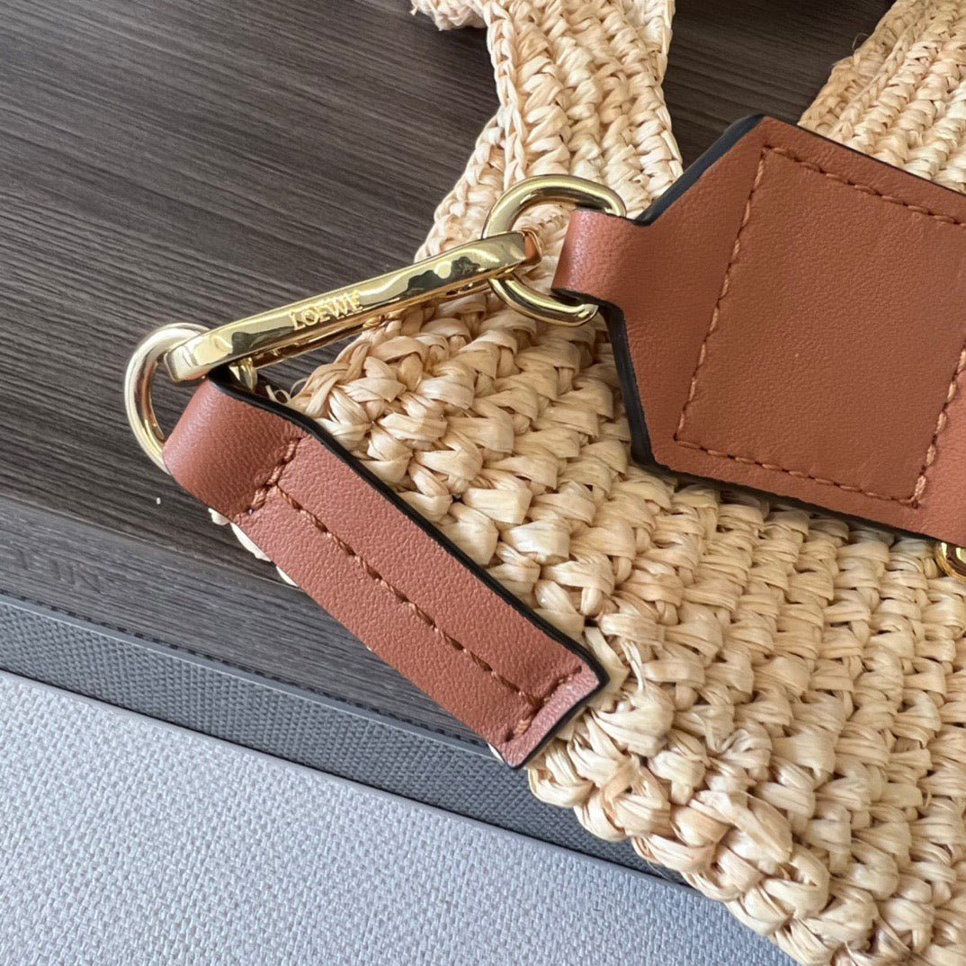 Mini Slit Tote 30cm Beige Raffia Tan Calfskin