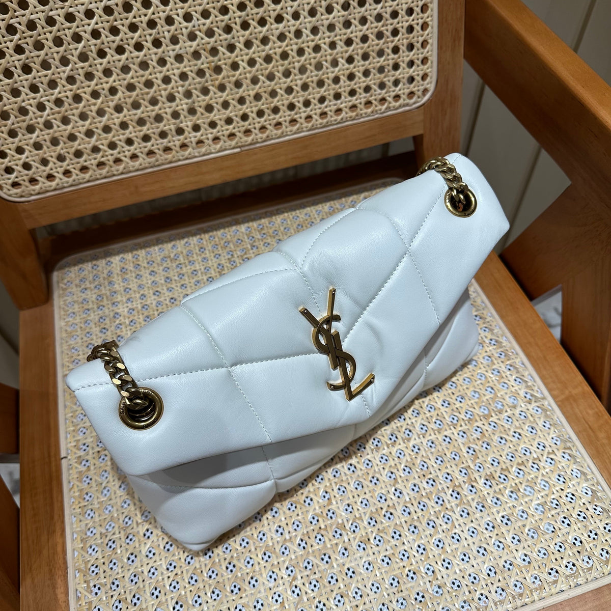YSL Loulou Puffer Quilted Bag White Gold Lambskin 338844