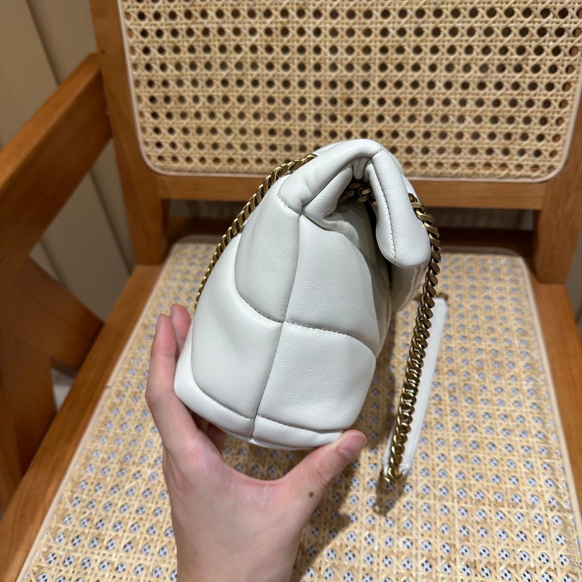 YSL Loulou Puffer Quilted Bag White Gold Lambskin 338844