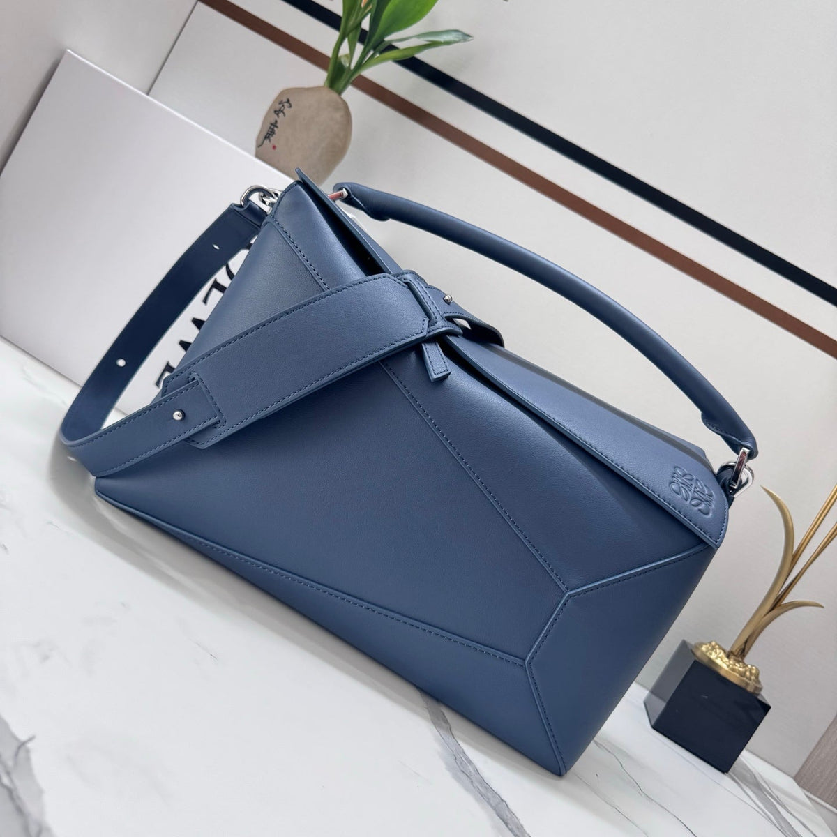 Loew Puzzle Edge Large Bag 33cm Indigo Dye Calfskin