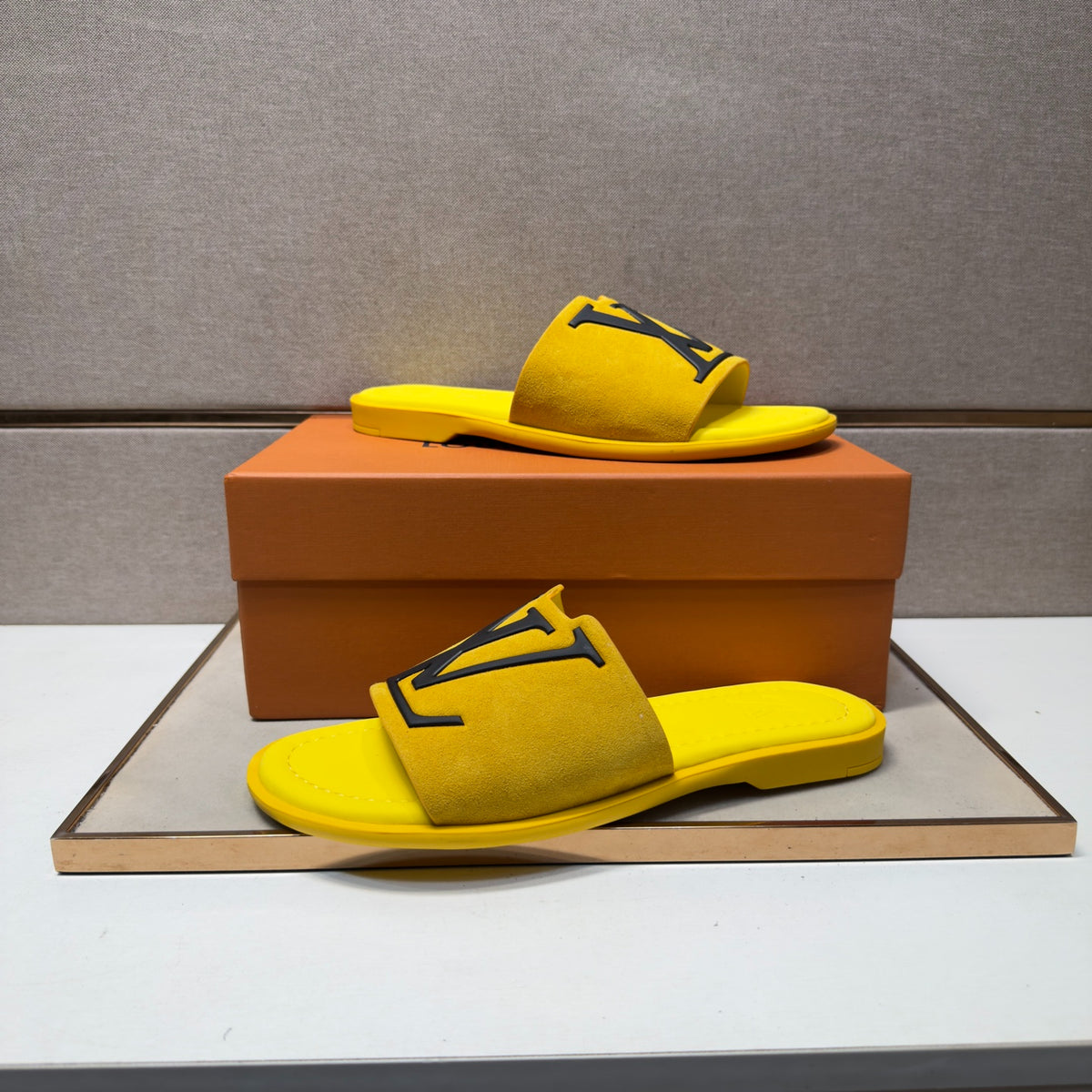 Louis Vuitton Men's Bright Yellow Suede Slide Sandals