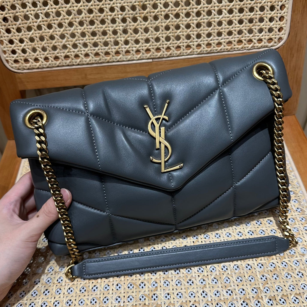 YSL Loulou Puffer Quilted Bag Gray Gold Lambskin 338800