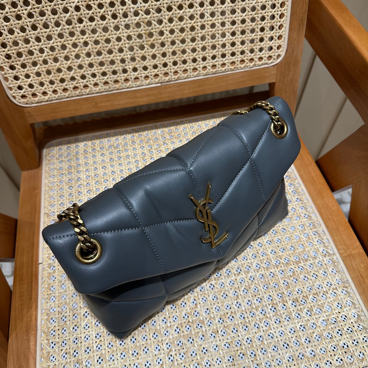 YSL Loulou Puffer Quilted Bag Gray Gold Lambskin 338800