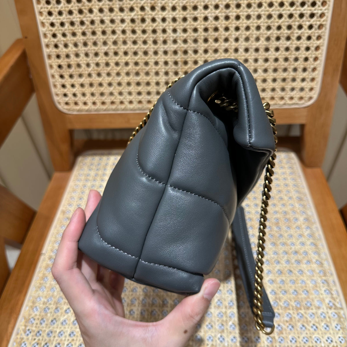 YSL Loulou Puffer Quilted Bag Gray Gold Lambskin 338800