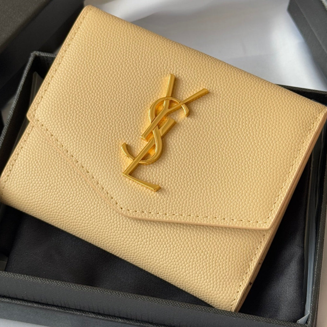 YSL Tri-fold Wallet Beige Gold Cowhide 242756