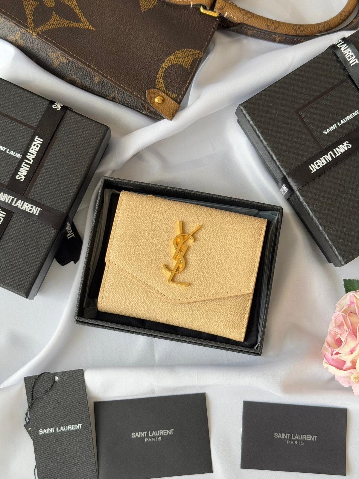 YSL Tri-fold Wallet Beige Gold Cowhide 242756