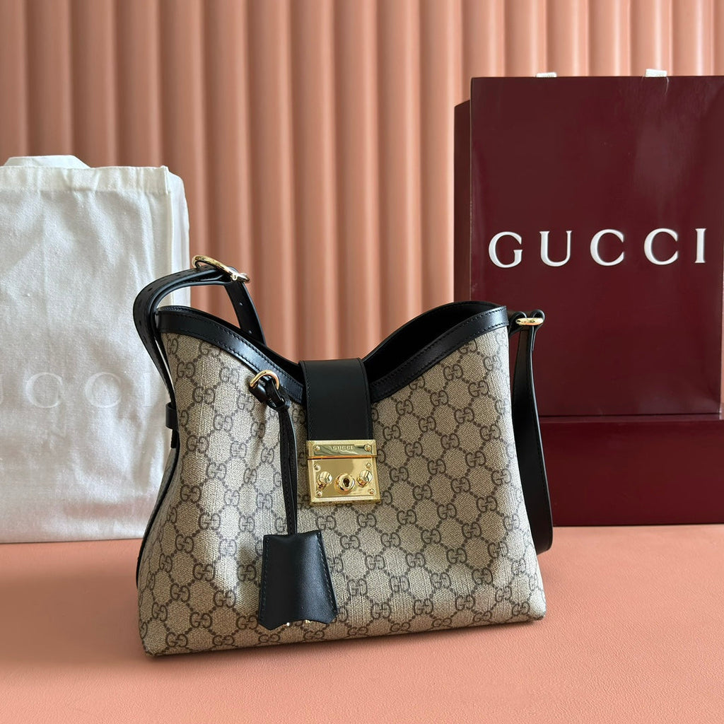 GG Padlock Bag Beige Black Leather Canvas