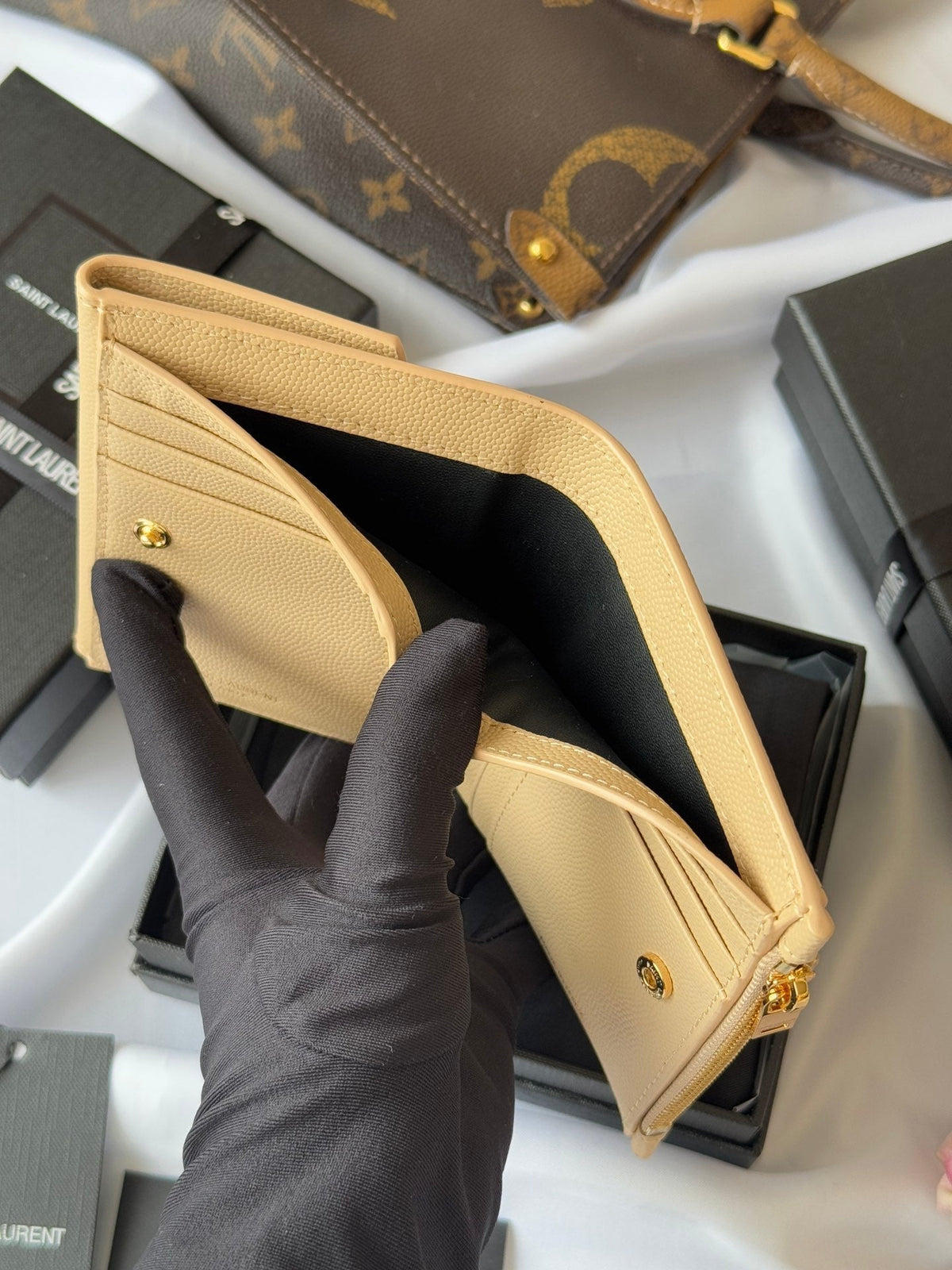 YSL Tri-fold Wallet Beige Gold Cowhide 242756