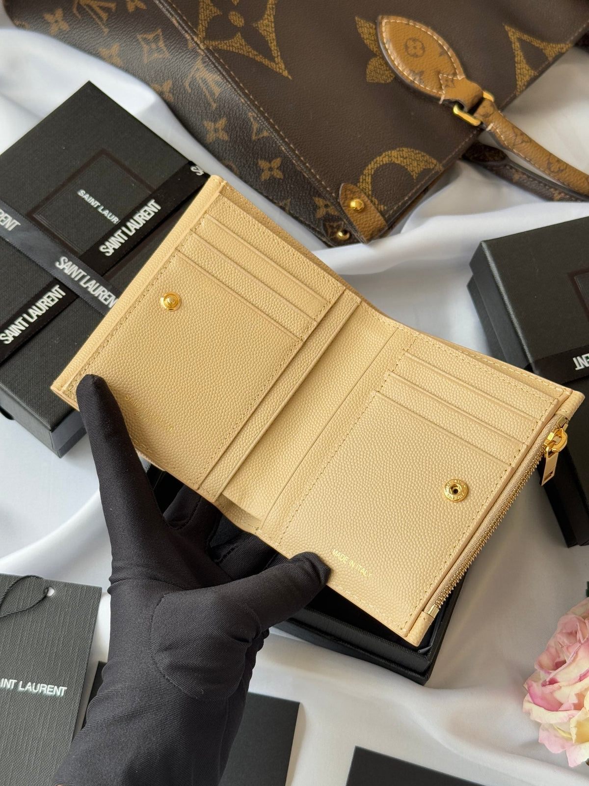 YSL Tri-fold Wallet Beige Gold Cowhide 242756