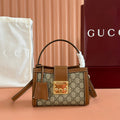 GG Padlock Small Top Handle Bag Beige Brown Leather Canvas