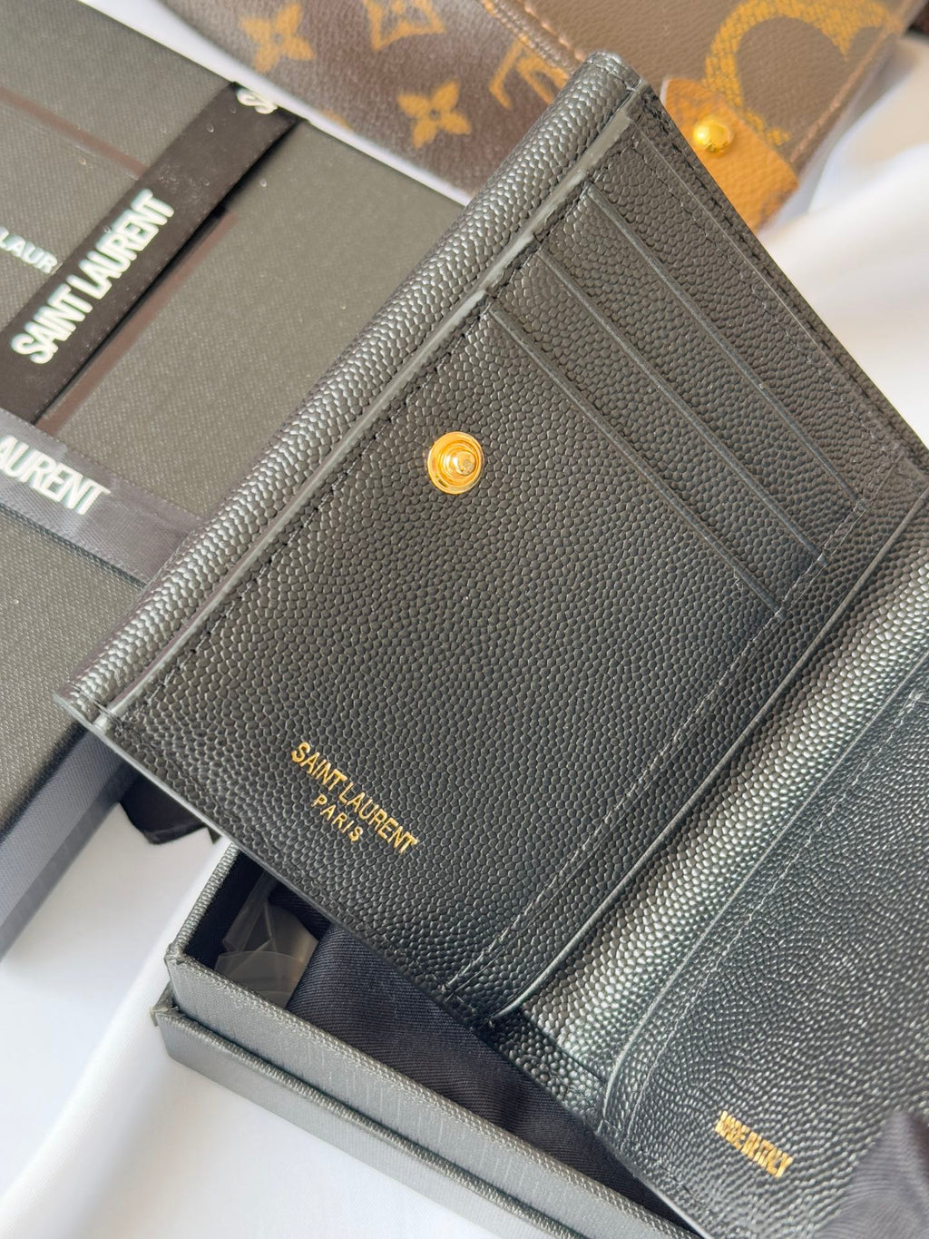 YSL Tri-fold Wallet Black Gold Cowhide 242754