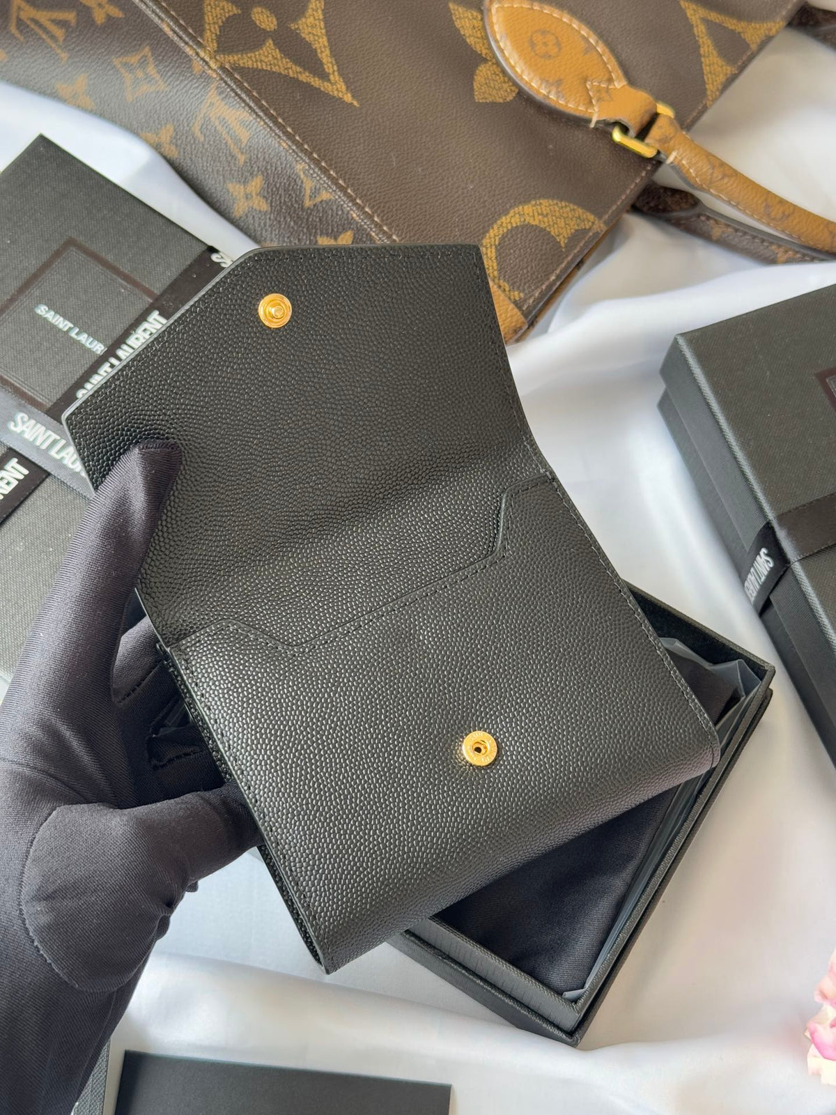 YSL Tri-fold Wallet Black Gold Cowhide 242754