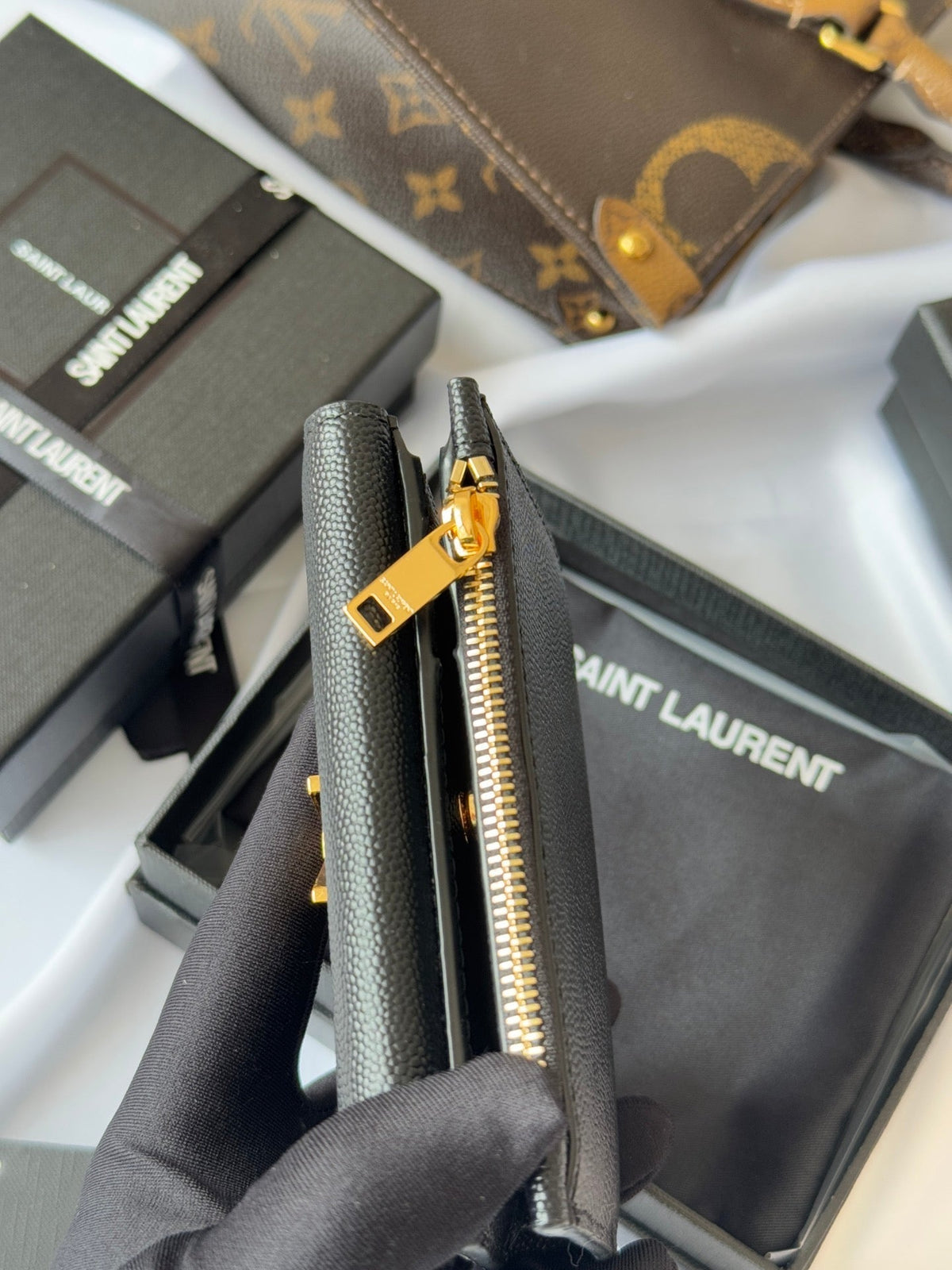 YSL Tri-fold Wallet Black Gold Cowhide 242754
