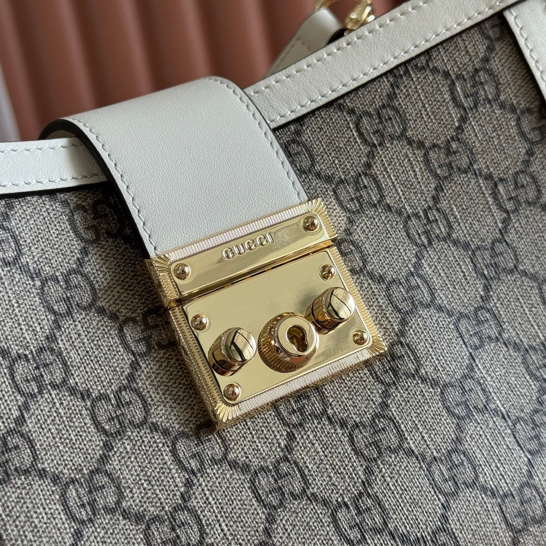 GG Padlock Medium Top Handle Bag Beige White Leather Canvas