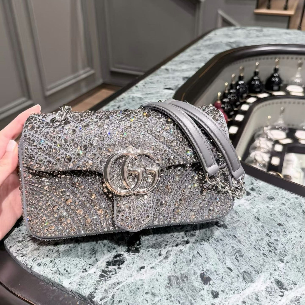 GG Marmont Crystals Small Shoulder Bag Grey Leather