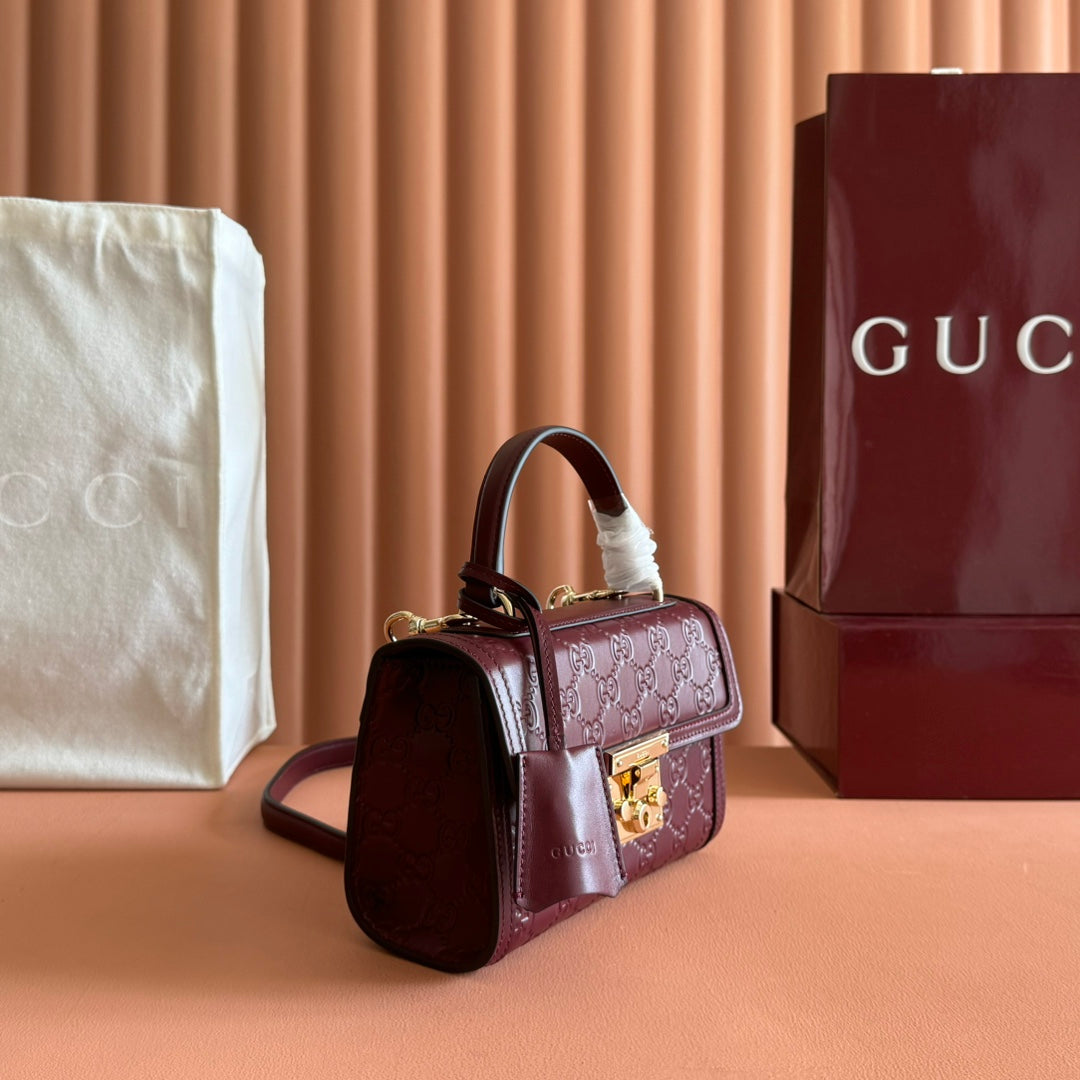 GG Padlock Handbag 20cm Burgundy GG Pattern Leather