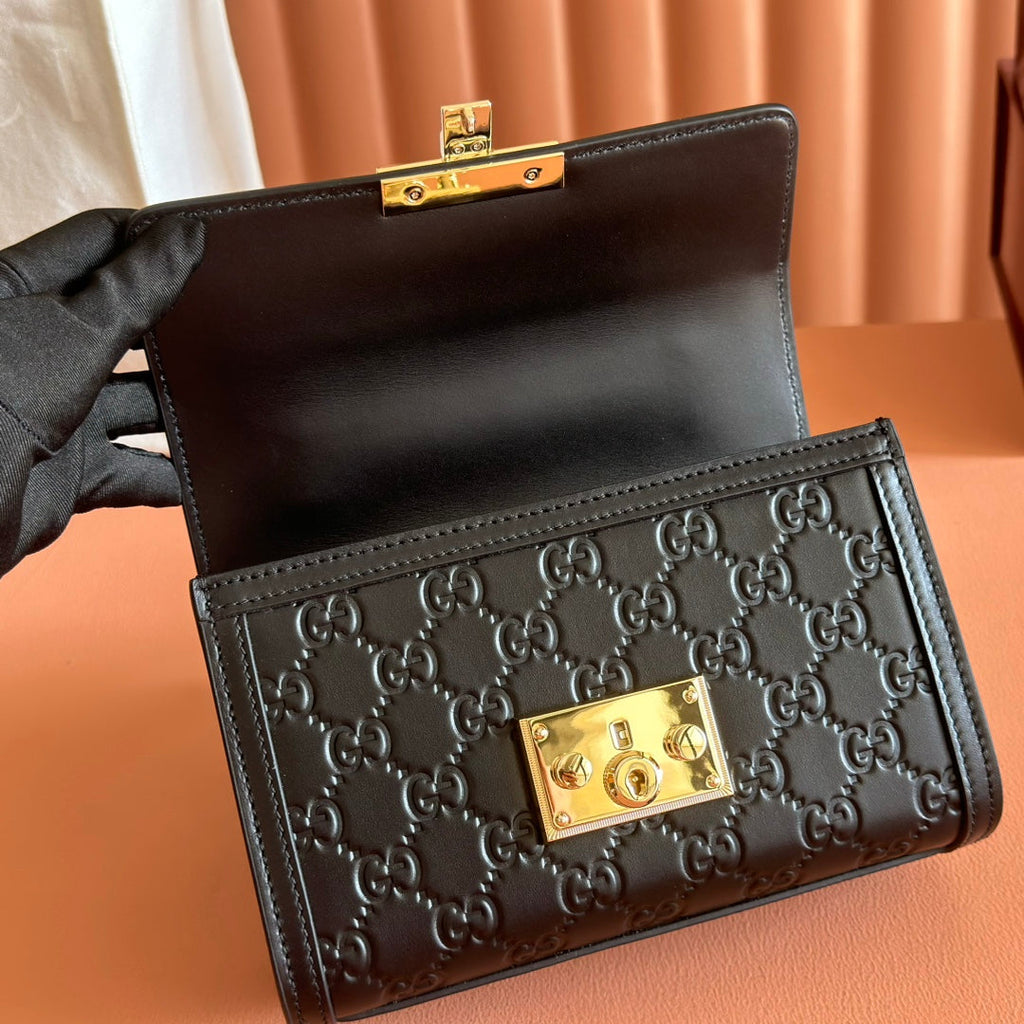 GG Padlock Handbag 20cm Black GG Pattern Leather
