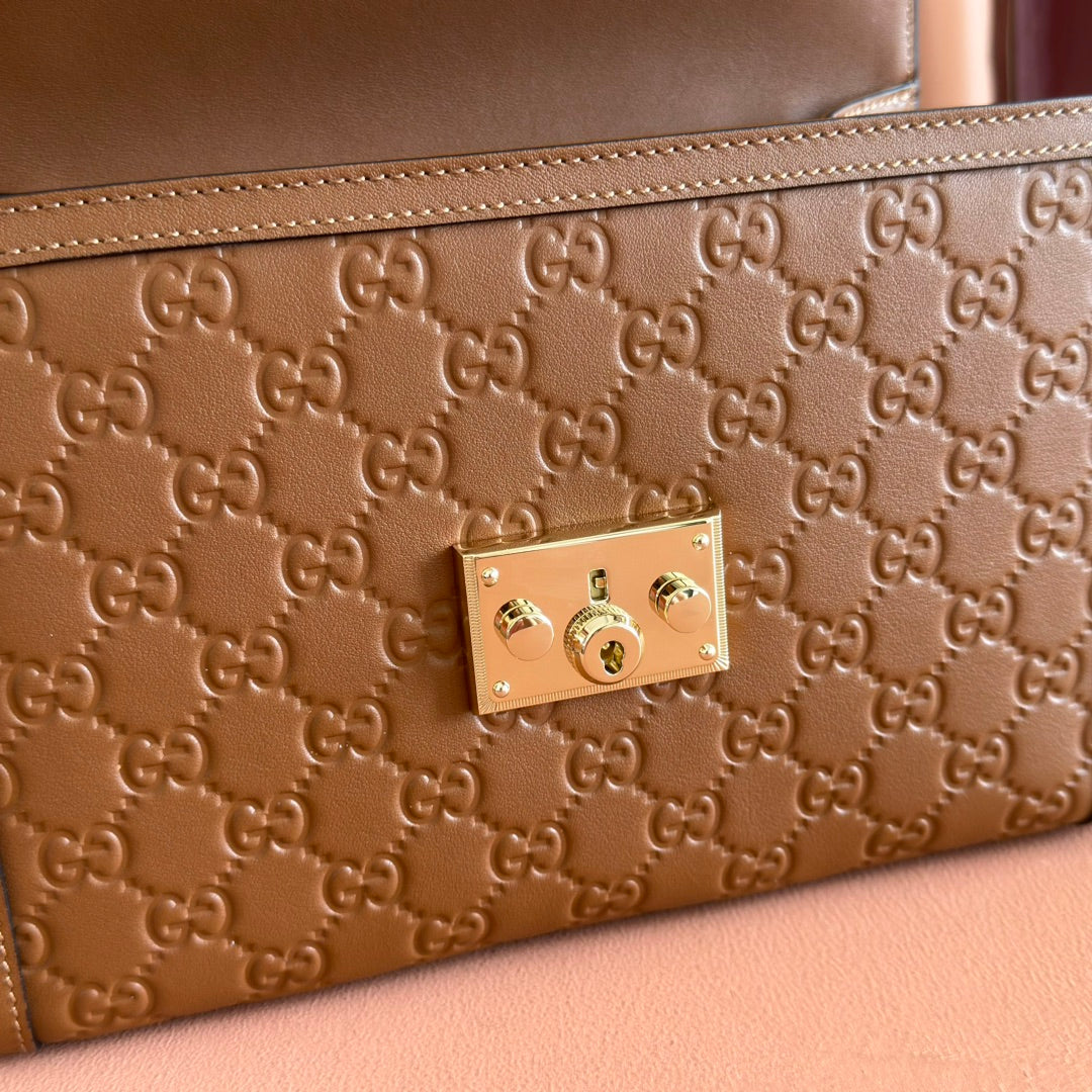 GG Padlock Handbag 26cm Brown GG Pattern Leather