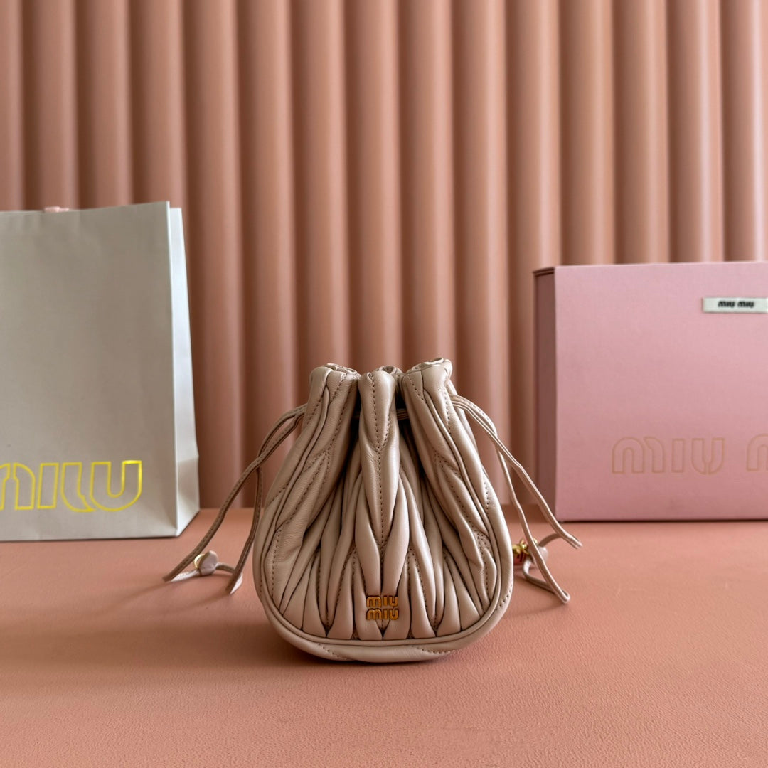 Matelassé Mini Drawstring Handbag Apricot Lambskin