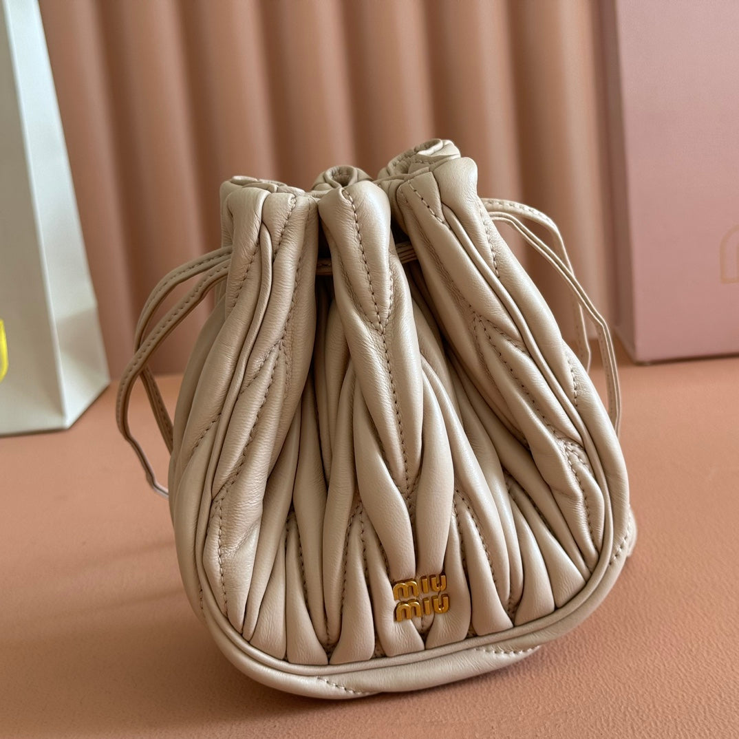 Matelassé Mini Drawstring Handbag Apricot Lambskin