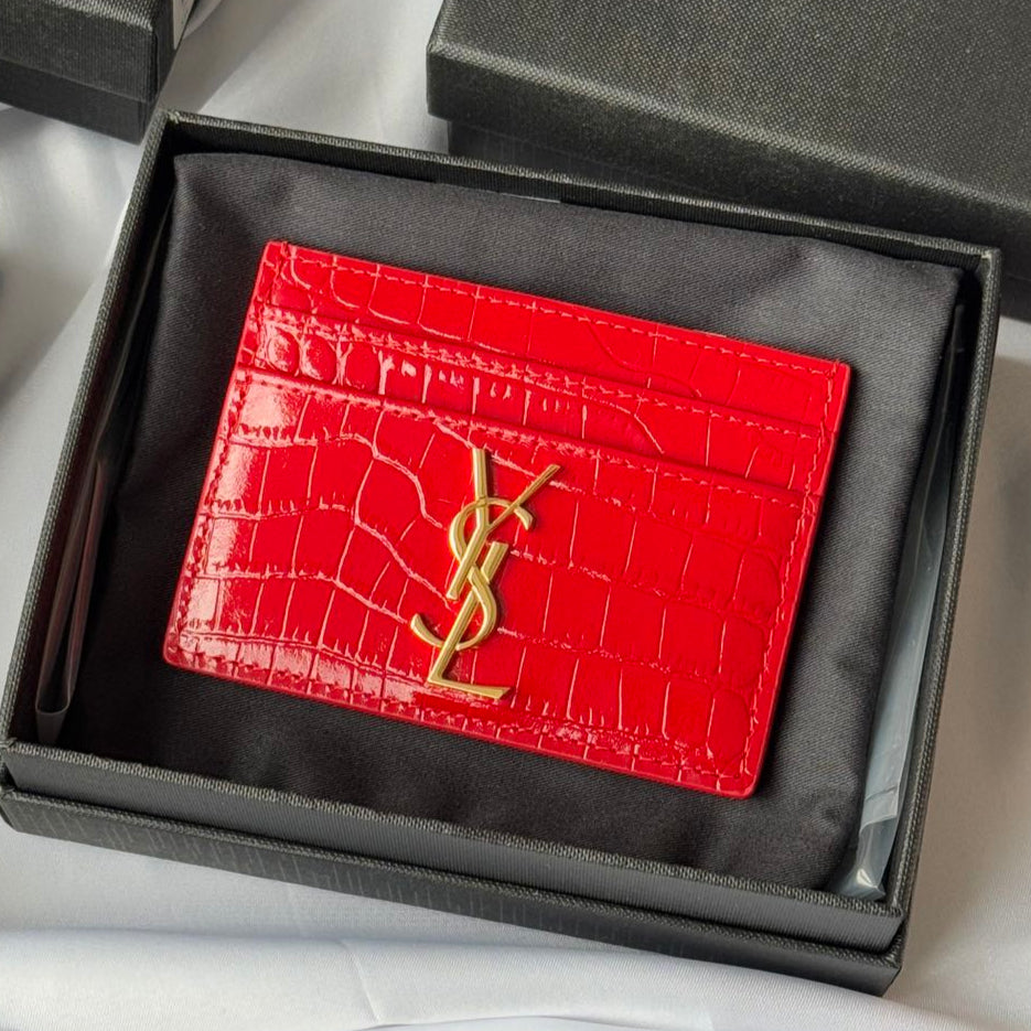 YSL Card Holder 10cm Wallet Red Gold Crocodile Leather 240563