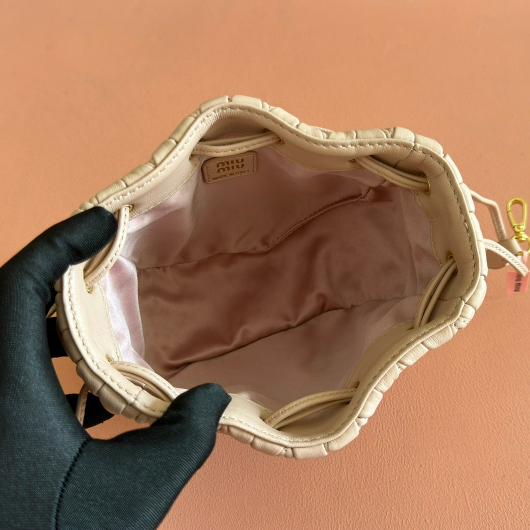 Matelassé Mini Drawstring Handbag Apricot Lambskin