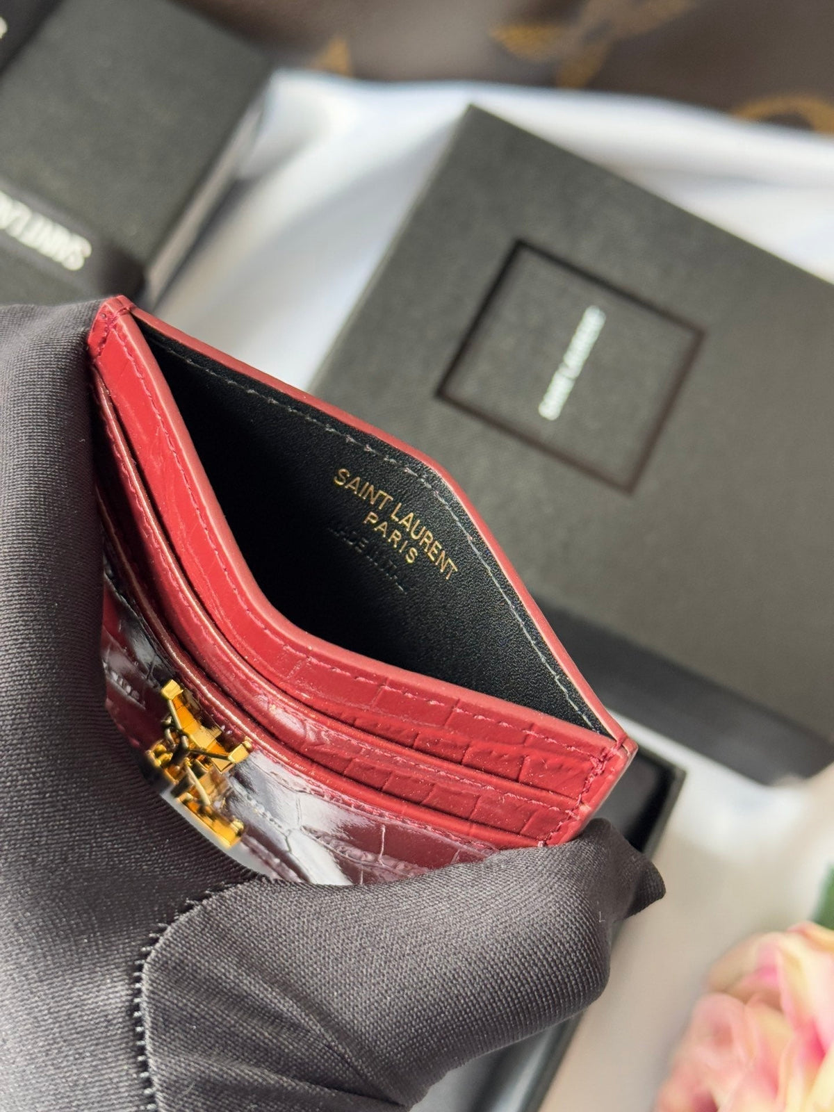 YSL Card Holder 10cm Wallet Burgundy Gold Crocodile Leather 240559
