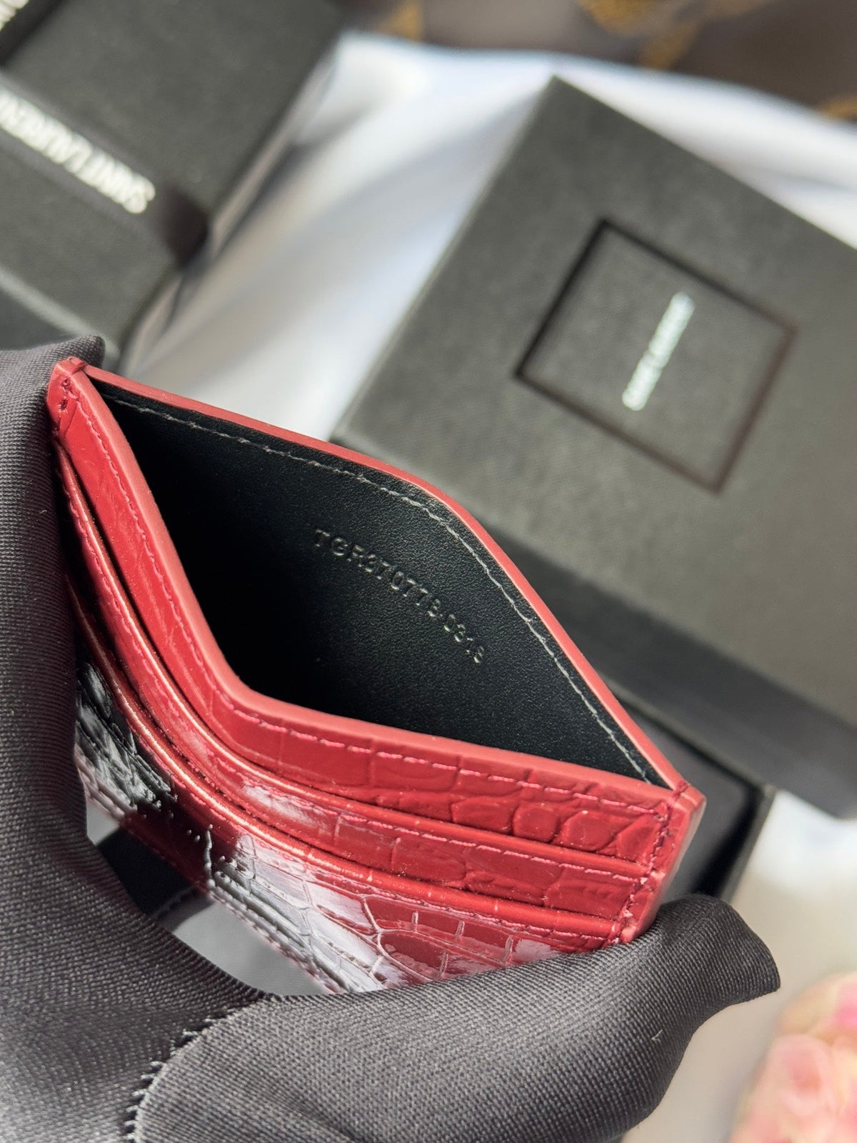YSL Card Holder 10cm Wallet Burgundy Gold Crocodile Leather 240559