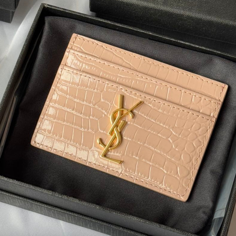 YSL Card Holder 10cm Wallet Pink Gold Crocodile Leather 240557