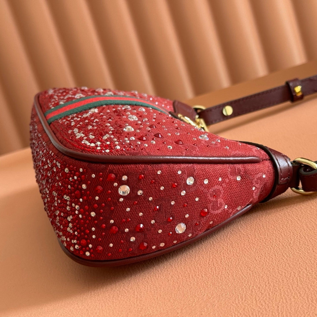 GG Ophidia Crystals Small Shoulder Bag 26cm Burgundy Canvas
