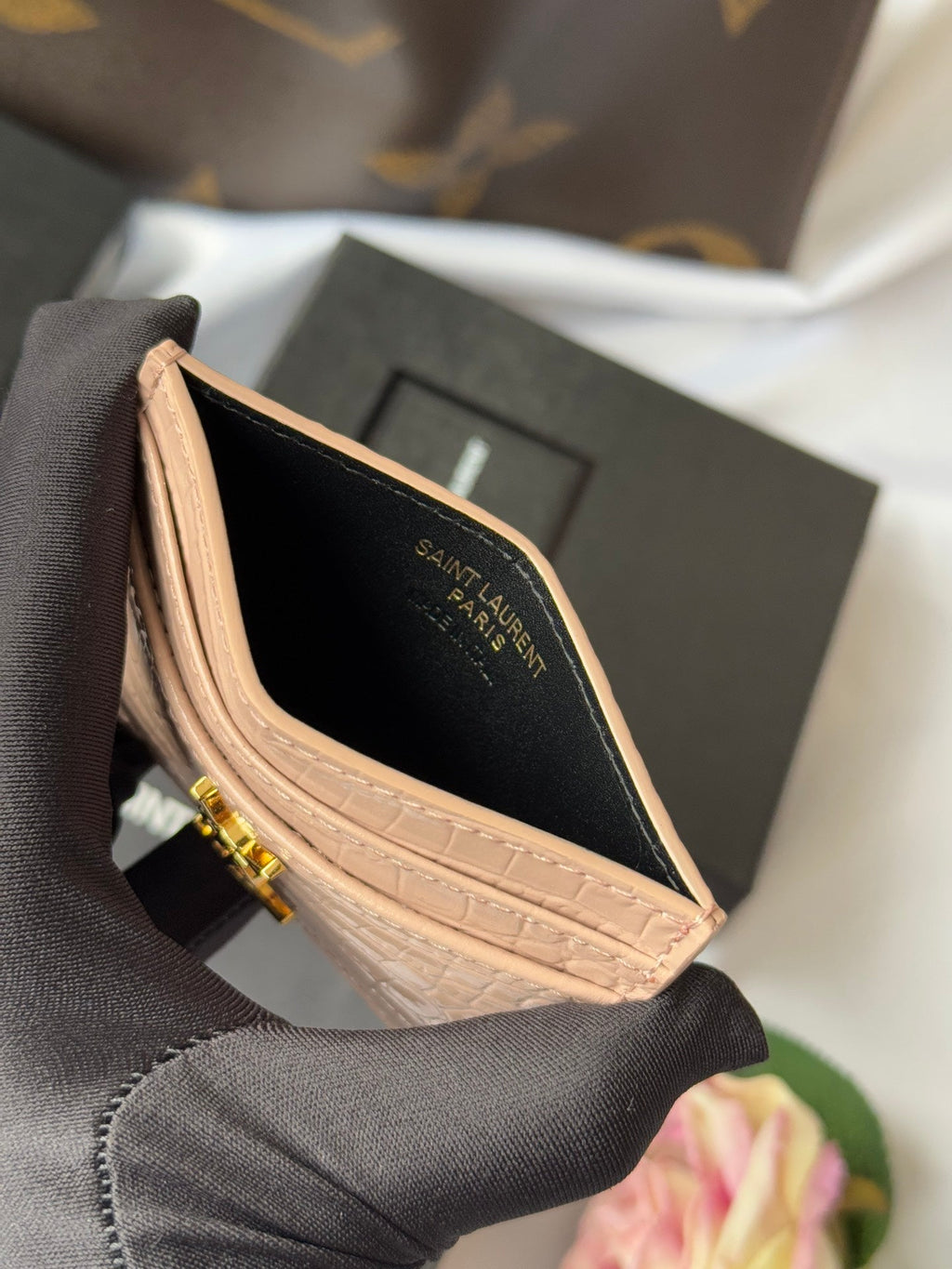 YSL Card Holder 10cm Wallet Pink Gold Crocodile Leather 240557