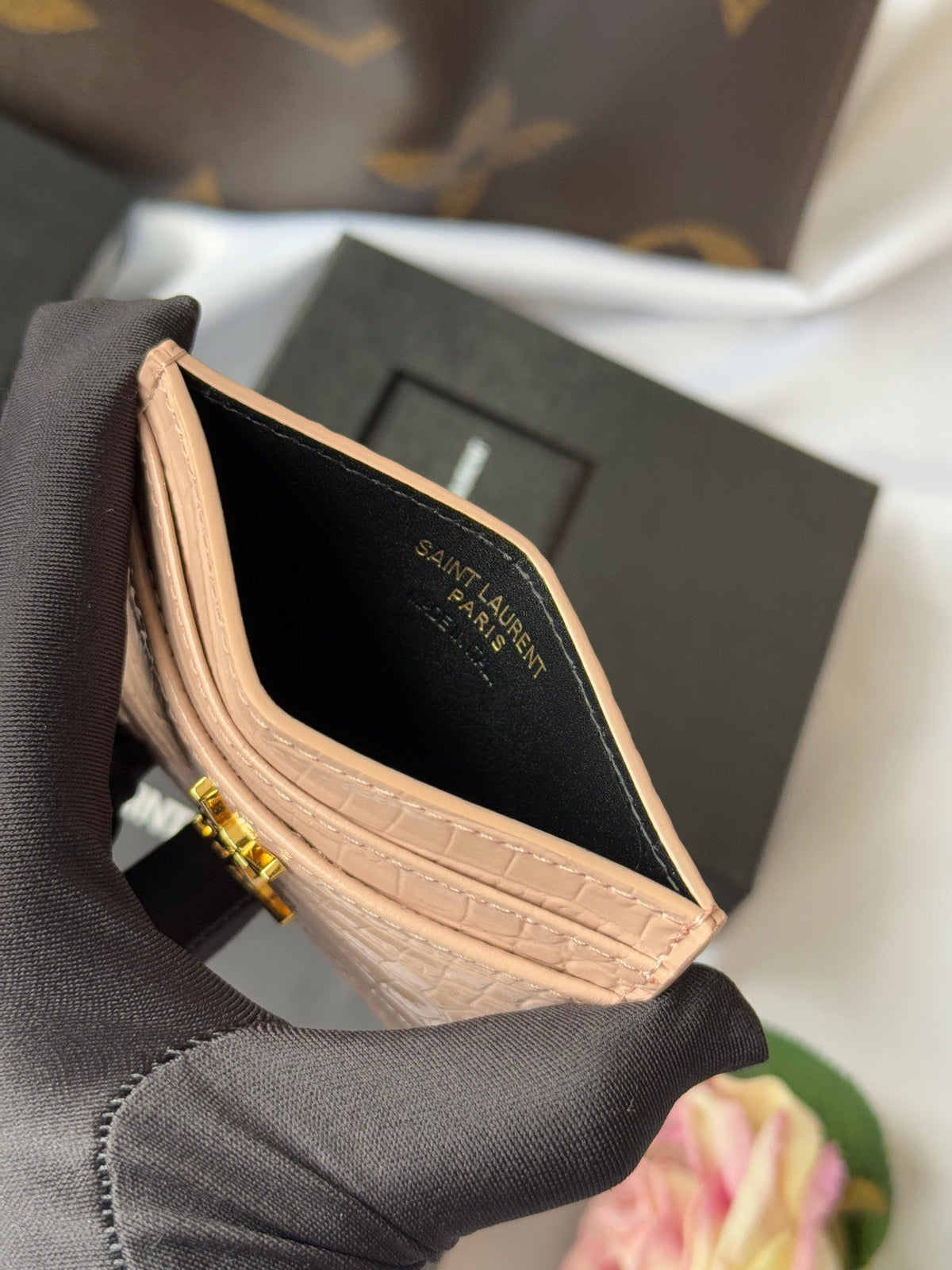YSL Card Holder 10cm Wallet Pink Gold Crocodile Leather 240557